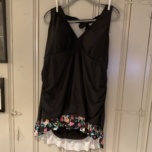 Black Halter Swim Dress with Floral Trim